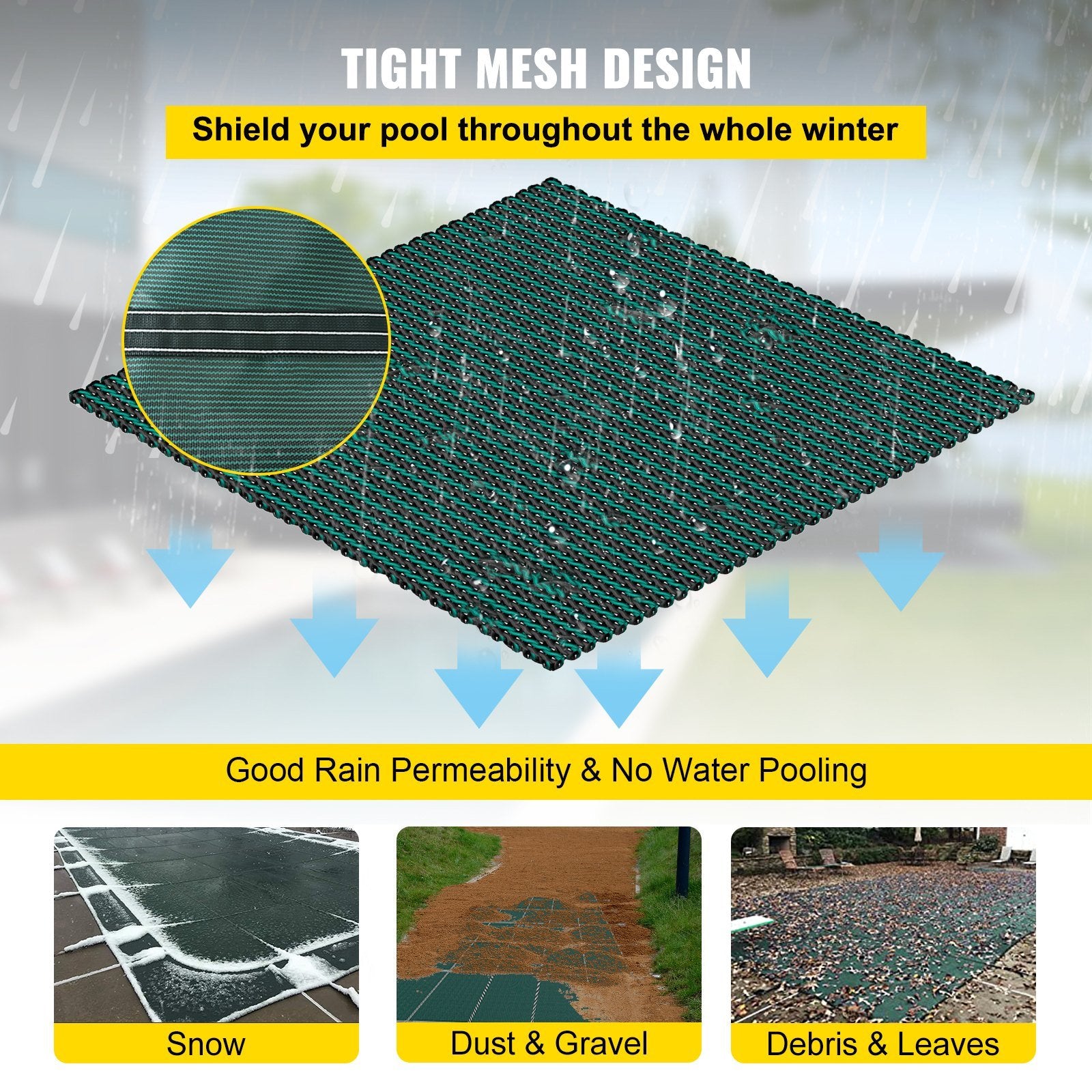 VEVOR Inground Pool Safety Cover, 20 x 42 ft Rectangular Winter Pool Cover, Triple Stitched, High Strength Mesh PP Material, Good Rain Permeability, Installation Hardware Included, Green