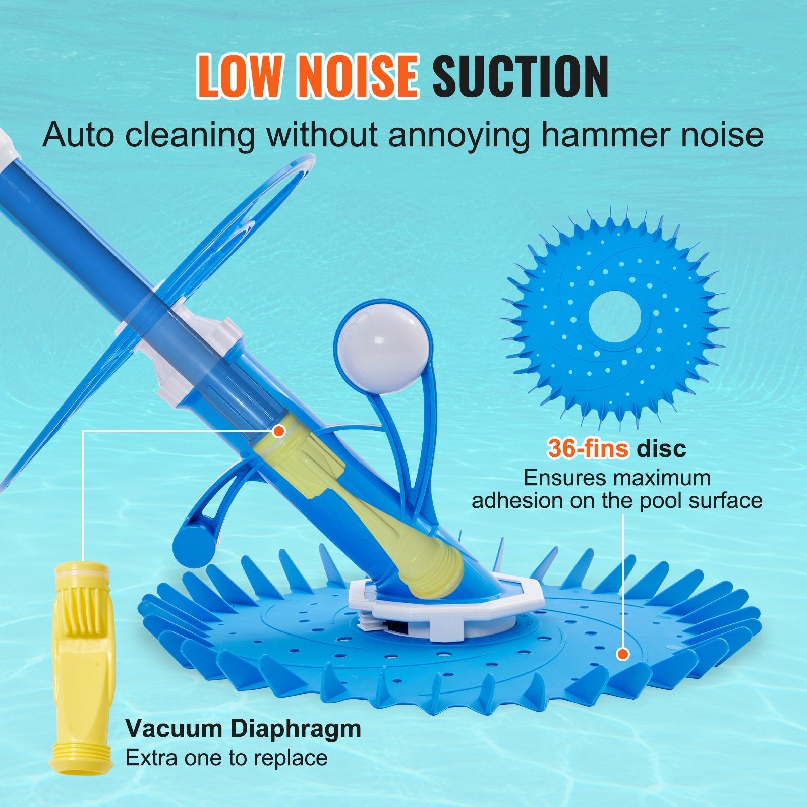 VEVOR Automatic Suction Pool Cleaner, Low Noise Pool Vacuum Cleaner with Extra Diaphragm, 10 x 32 in Hoses & 36-Fin Disc, Side Climbing Pool Cleaners for Above-Ground & In-ground Swimming Pool