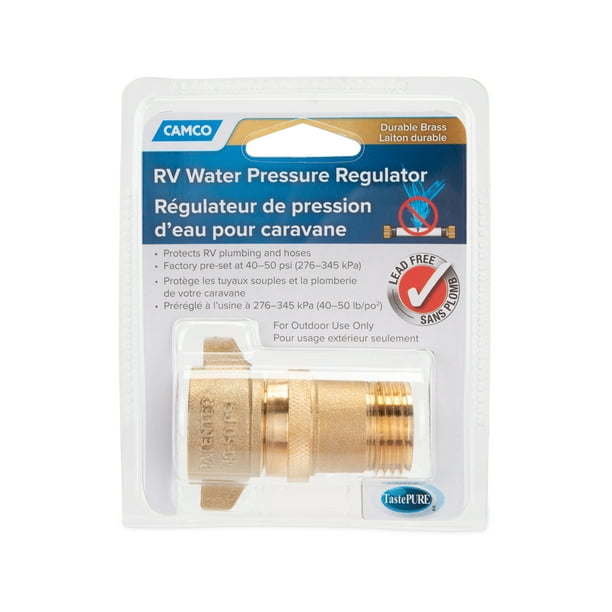 Camco Brass Water Pressure Regulator | Reduces Water Pressure to a Safe and Consistent 40-50 PSI | Protect Appliances and Prolong Equipment Life (40051)