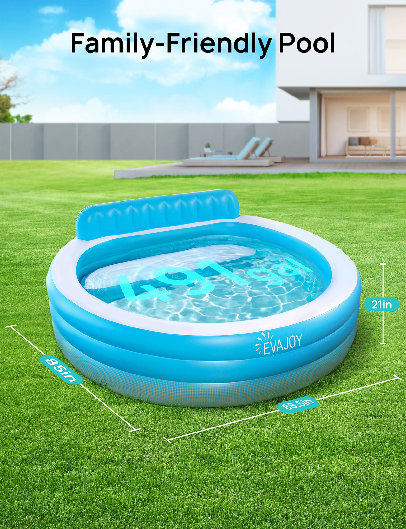 Full-Sized Inflatable Swimming Family Pool with Seats, 88