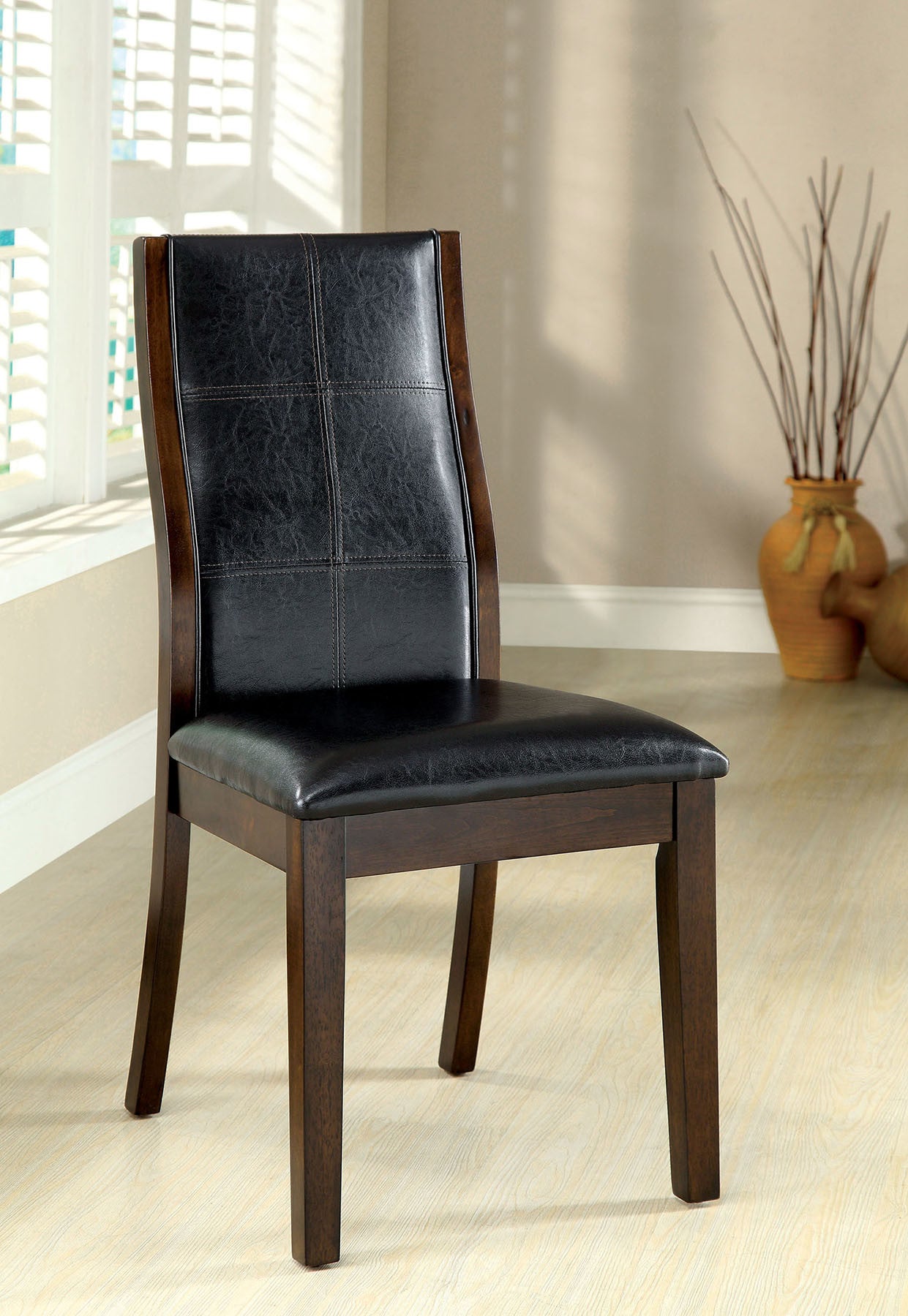 Transitional Dining Room Side Chairs Set of 2pc Chairs only Brown Cherry Unique Curved Back Espresso Leatherette Padded Seat