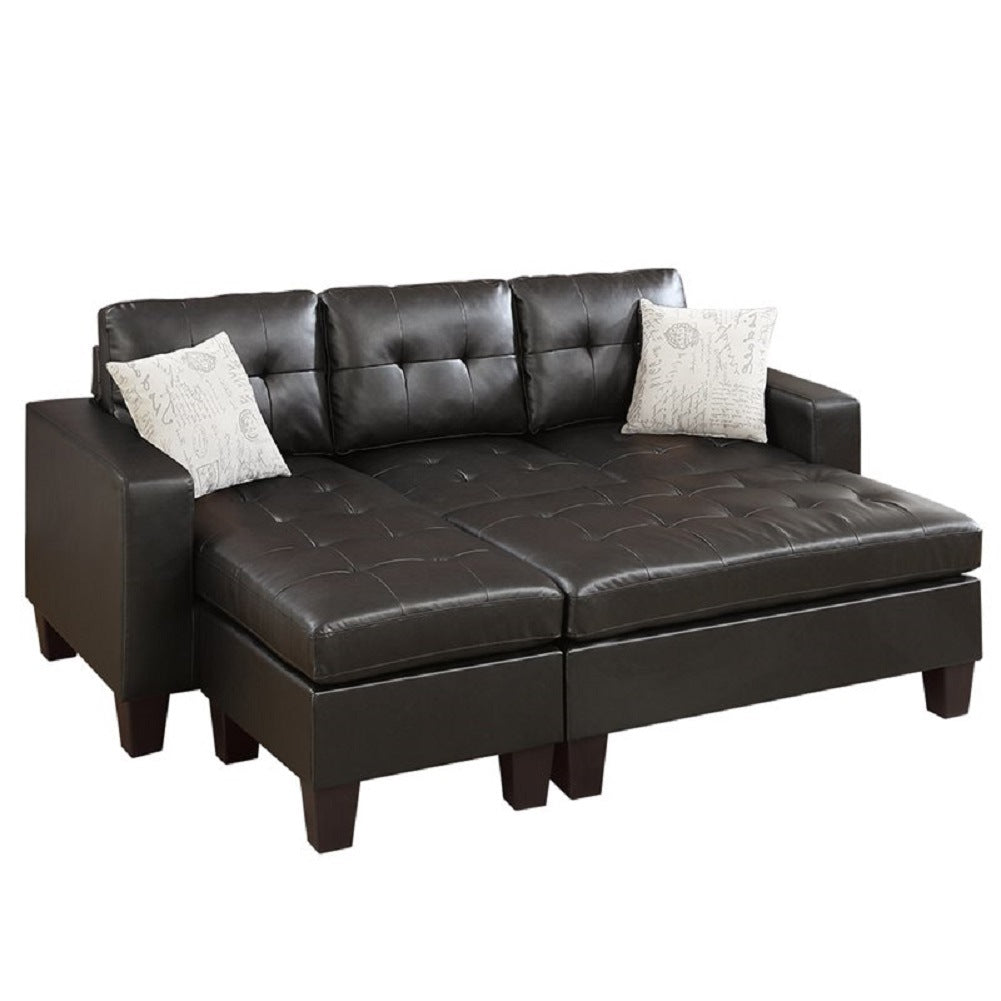 Espresso Faux Leather 3pcs Reversible Sectional Sofa Chaise w Ottoman Chaise Tufted Couch Lounge Living Room Furniture