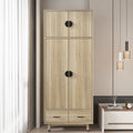 Density board pasted with triamine 9398-1 oak color black copper feet 4 doors 2 drawers with clothes rail wooden wardrobe