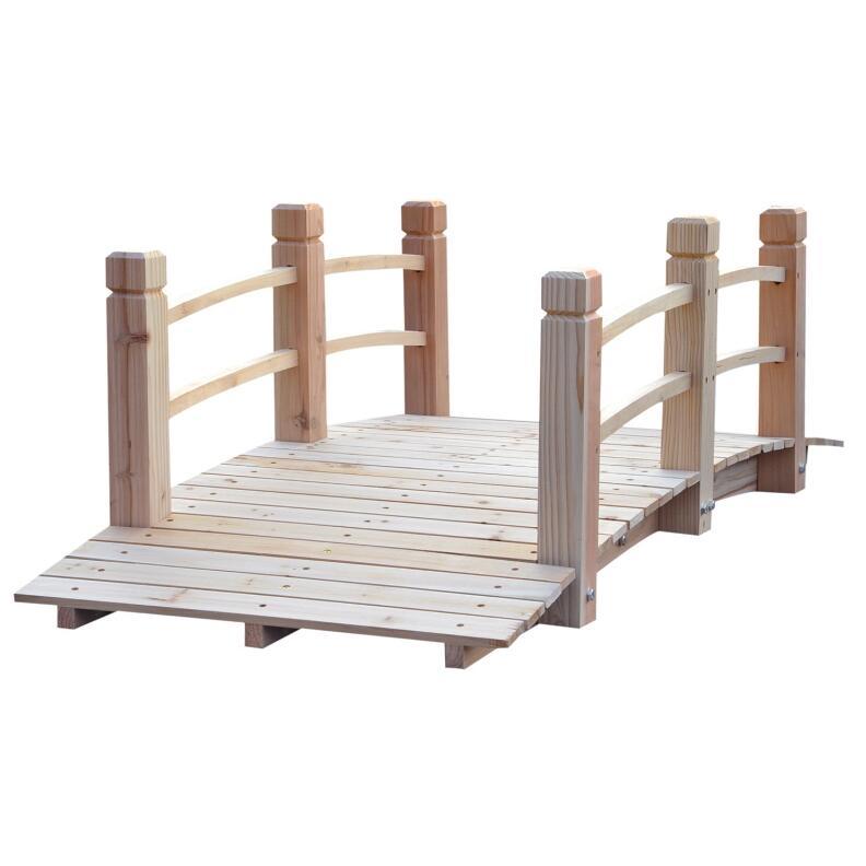 5 ft Wooden Garden Bridge Arc Stained Finish Footbridge with Railings for your Backyard;  Natural Wood