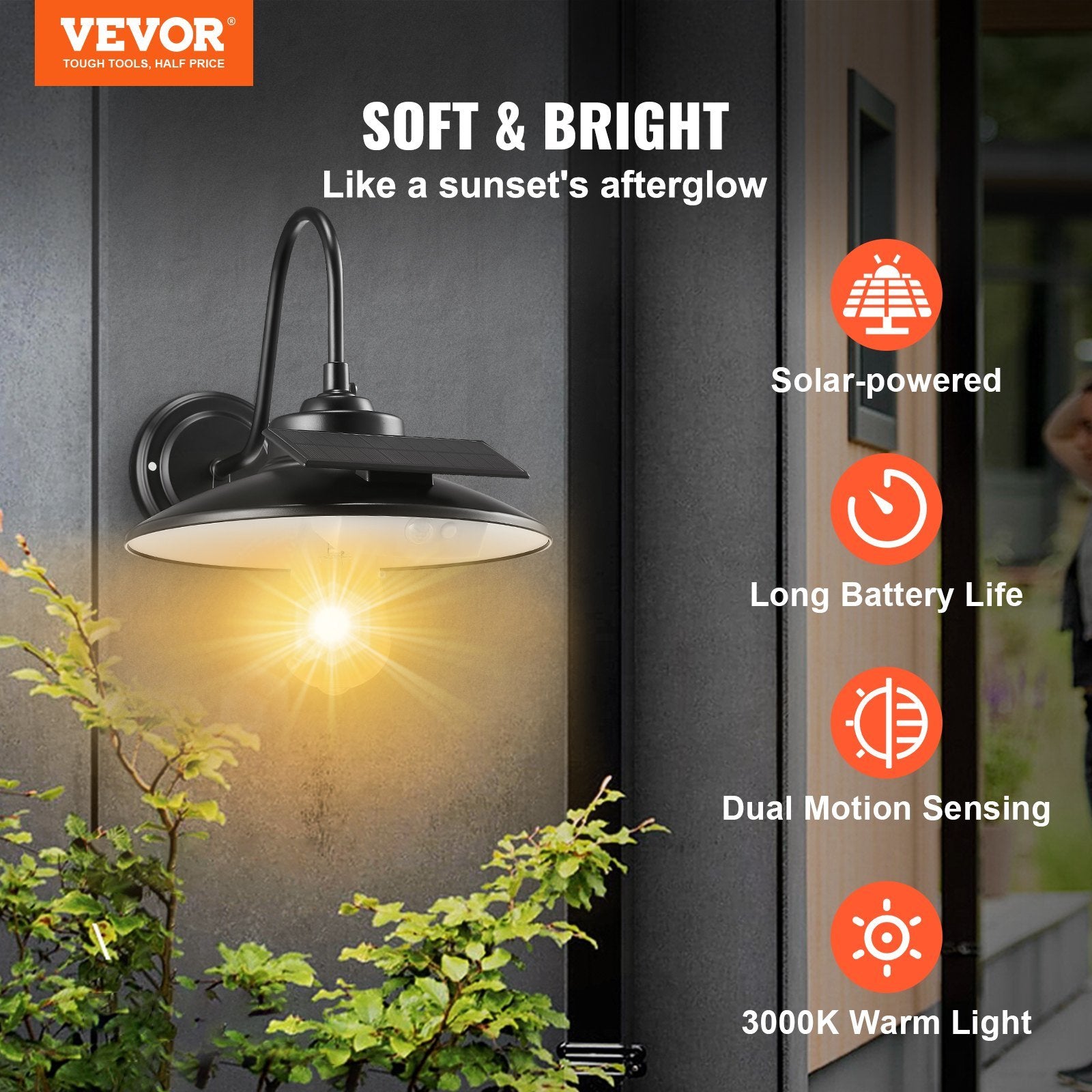 VEVOR Solar Barn Light, 3 Lighting Modes & Motion Sensor, Dusk to Dawn Outdoor Wall Sconces, Exterior Farmhouse Gooseneck Lights, Wall Mount, IP65 Waterproof for Outside Yard Street Garage Shed Patio