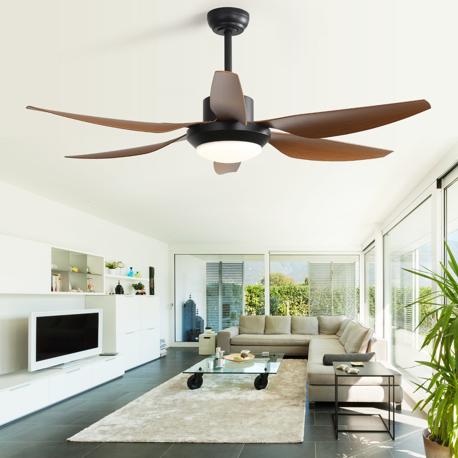 54 Inch Indoor Ceiling Fan With Dimmable Led Light 5 ABS Blades Remote Control Reversible DC Motor Black For Living Room