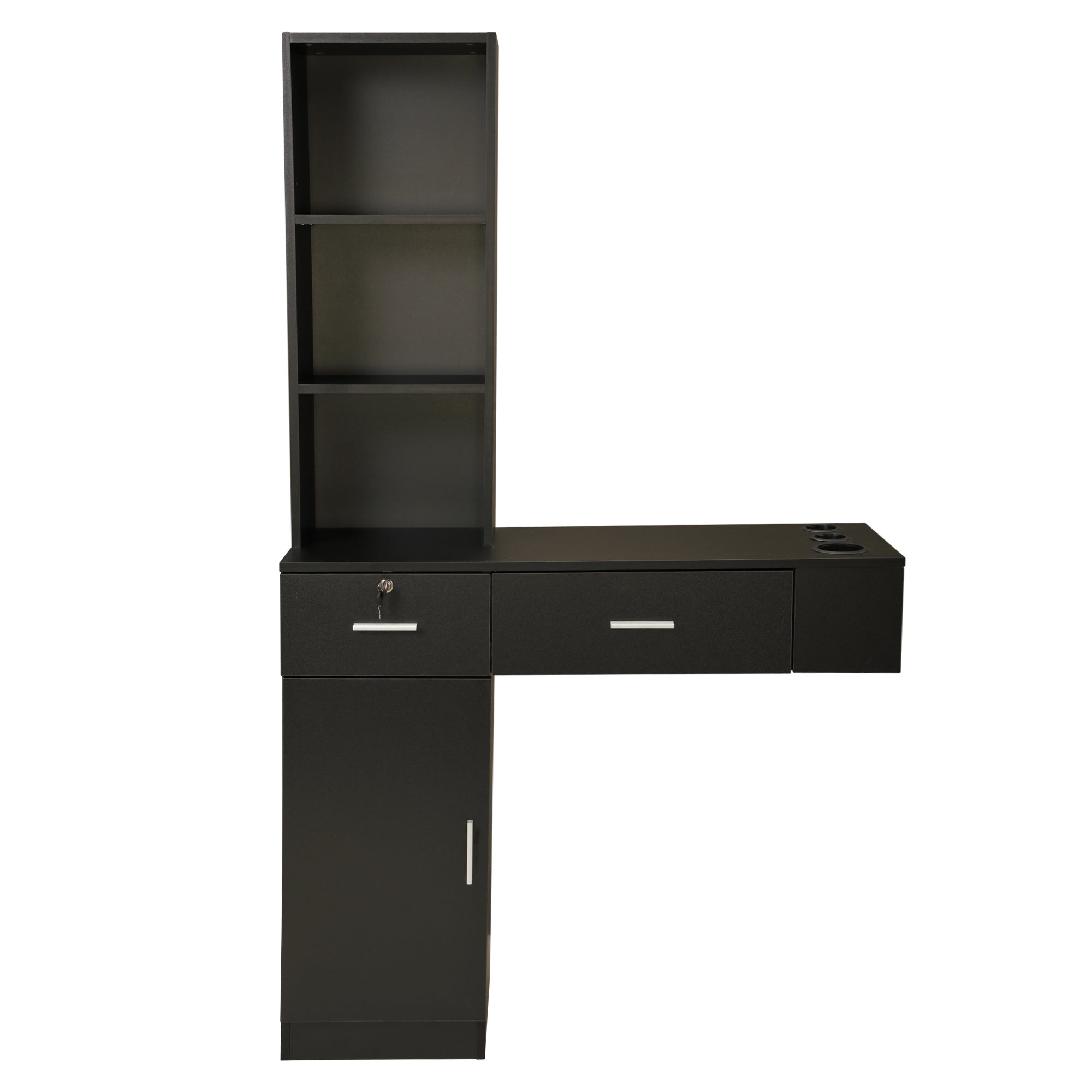 Wall Mount Hair Styling Barber Station Beauty Hair Salon Spa Equipment Set W/ 3-Tier Shelf;  Lockable Drawer;  Black XH