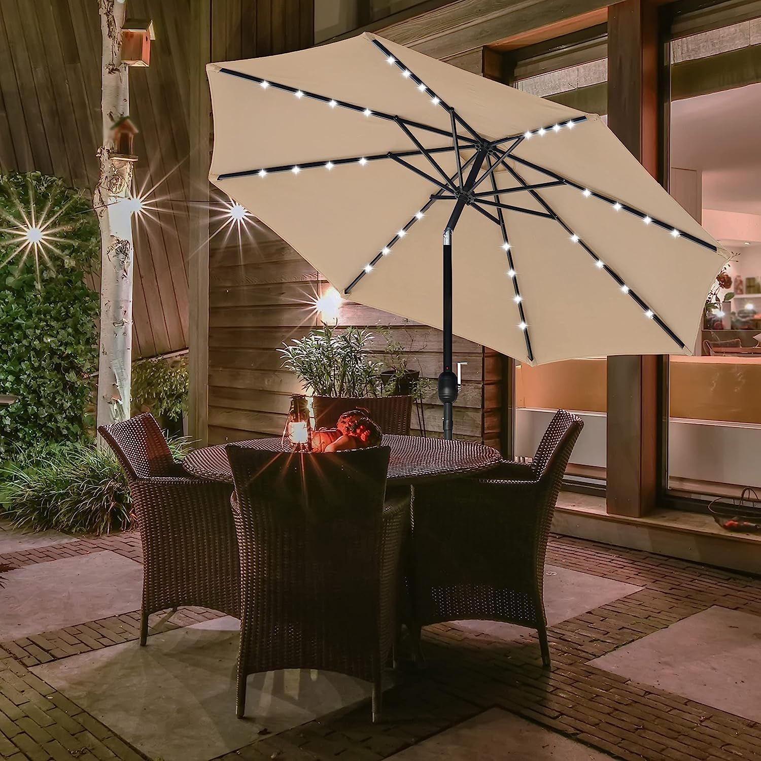 9' Solar Umbrella 32 LED Lighted Patio Umbrella Table Market Umbrella with Push Button Tilt/Crank Outdoor Umbrella for Garden, Deck, Backyard and Pool, Tan