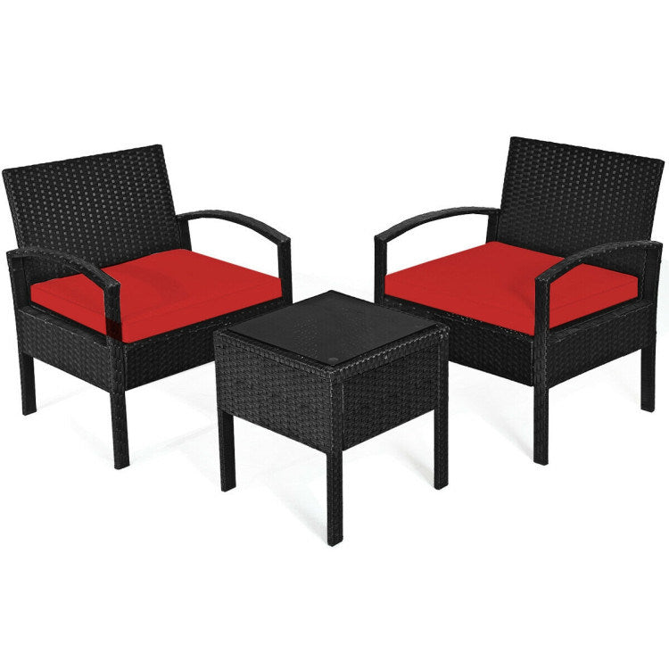 3 Pieces Outdoor Rattan Patio Conversation Set with Seat Cushions