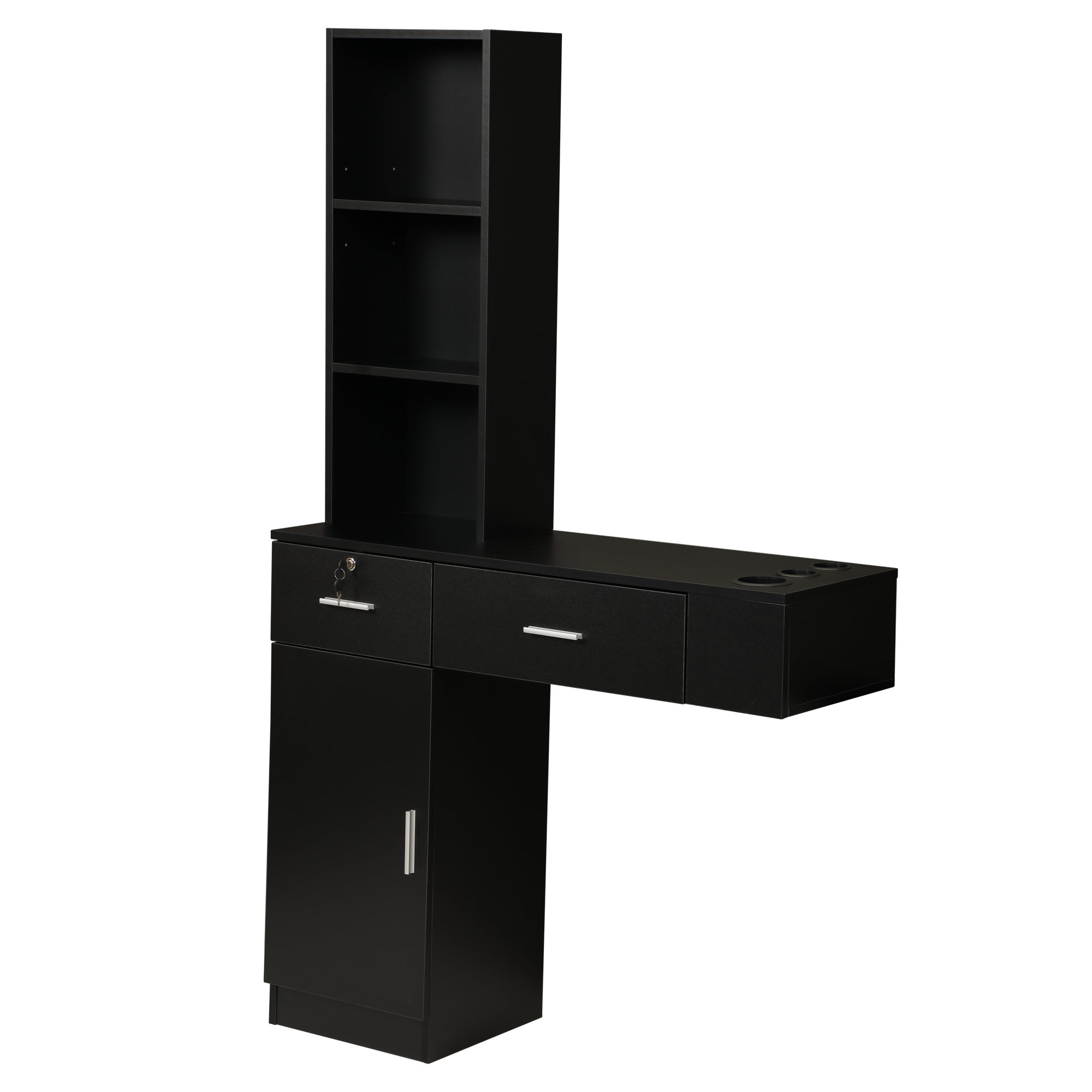 Wall Mount Hair Styling Barber Station Beauty Hair Salon Spa Equipment Set W/ 3-Tier Shelf;  Lockable Drawer;  Black XH