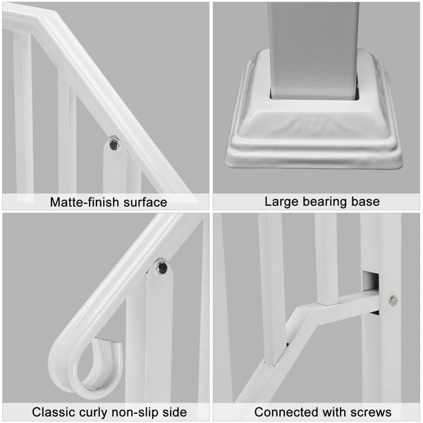 Handrails for Outdoor Steps, Iron Handrail Fits 1 Step, Transitional Handrail with Installation Kit, White