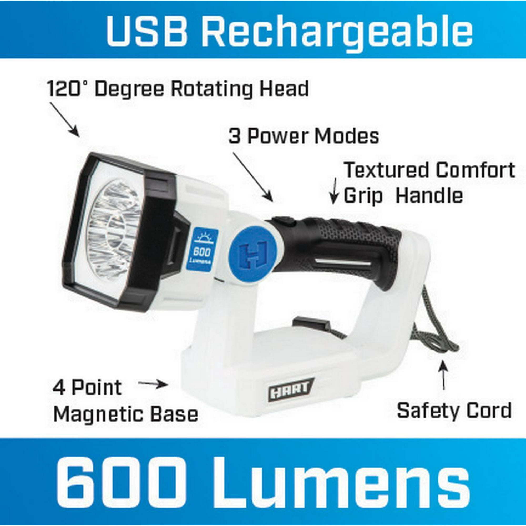 HART Rechargeable LED Area Spotlight, Pivoting Light Head, Magnetic Base, Carry Handle, 600 Lumens