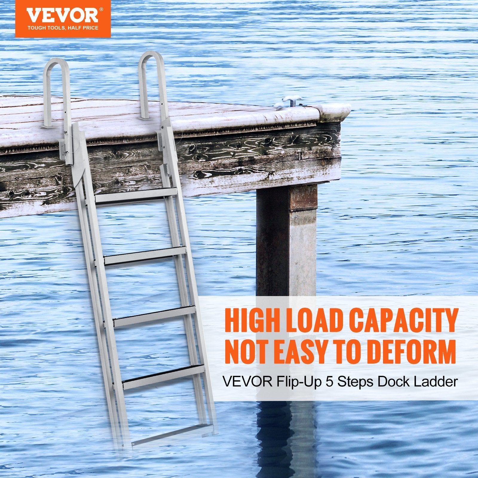 VEVOR Dock Ladder Flip Up 5 Steps, 350lbs Load Capacity, Aluminum Pontoon Boat Ladder with 4