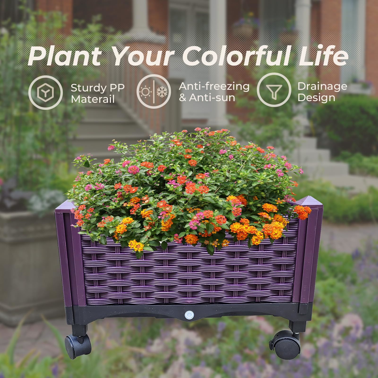 Plastic Rolling Raised Garden Bed, Planter Boxes with Wheels Mobile Planters for Outdoor Indoor Plants Elevated Garden Boxes Plant pots for Flowers, Vegetables, Fruits, Herbsegetables, Fruits, Herbs