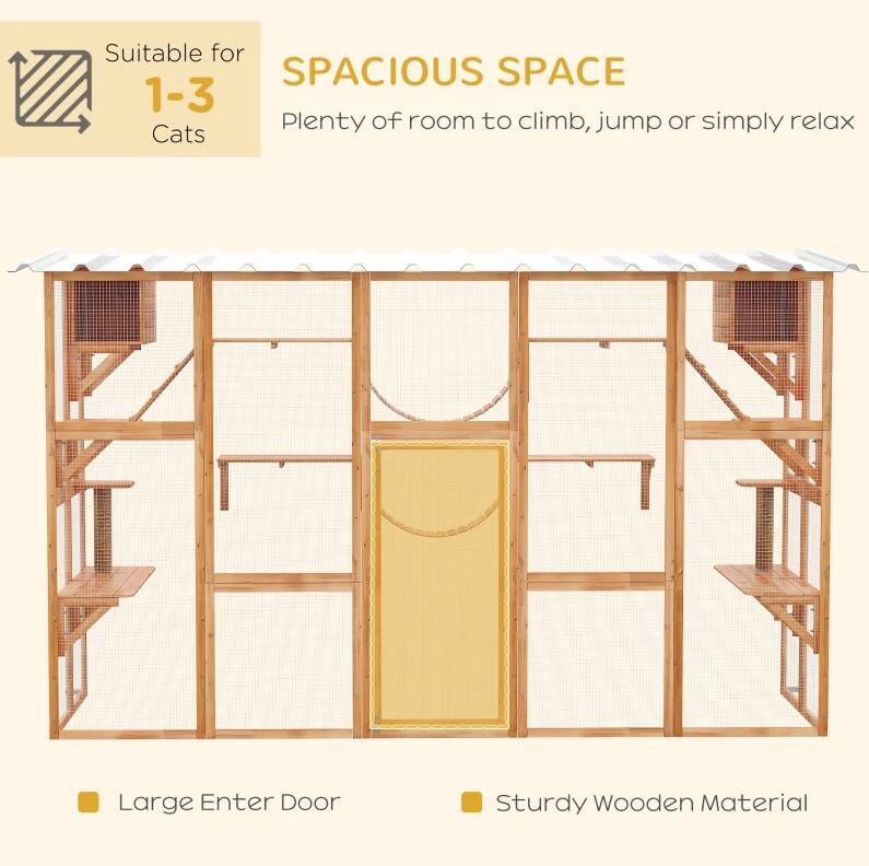 Catio Playground Cat Window Box Outside Enclosure, Wooden Outdoor Cat House with Weather Protection Roof for Multiple Kitties, Cat Shelter Kitten Playpen with Shelves & Bridges