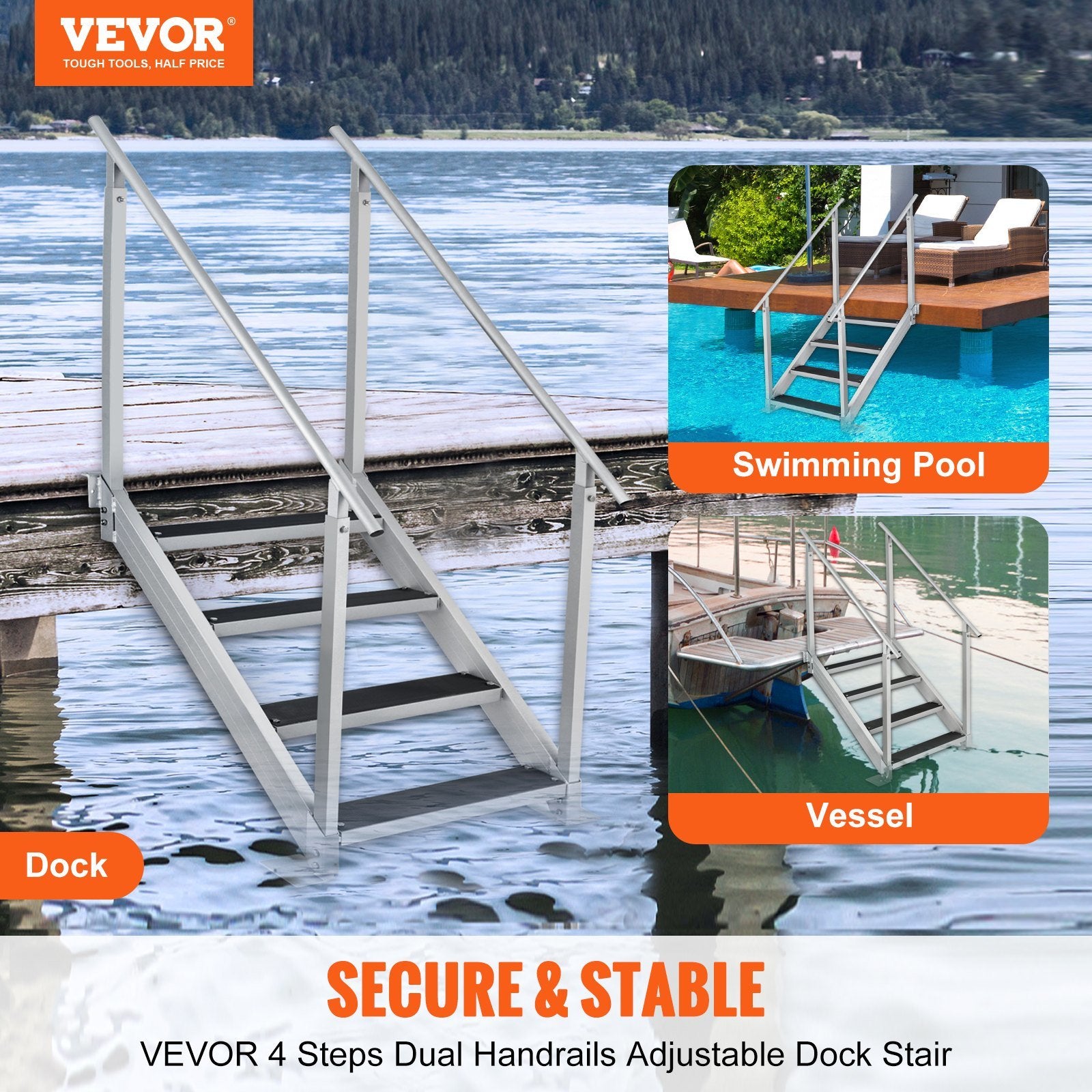 VEVOR Dock Ladder, Adjustable Height, 500 lbs Load Capacity, Aluminum Alloy Steps Pontoon Boat Ladder with Dual Handrails & Nonslip Rubber Mat, Ideal for Ship/Lake/Pool/Marine Boarding