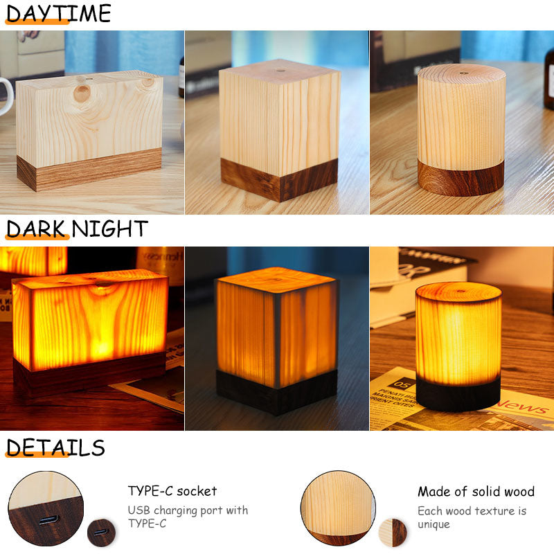 Retro Wood Table Lamp Creative Wood Grain Bedside Lamp Charging Night Light Wooden Base Vintage Desk Lamp Bedroom Birthday Gift