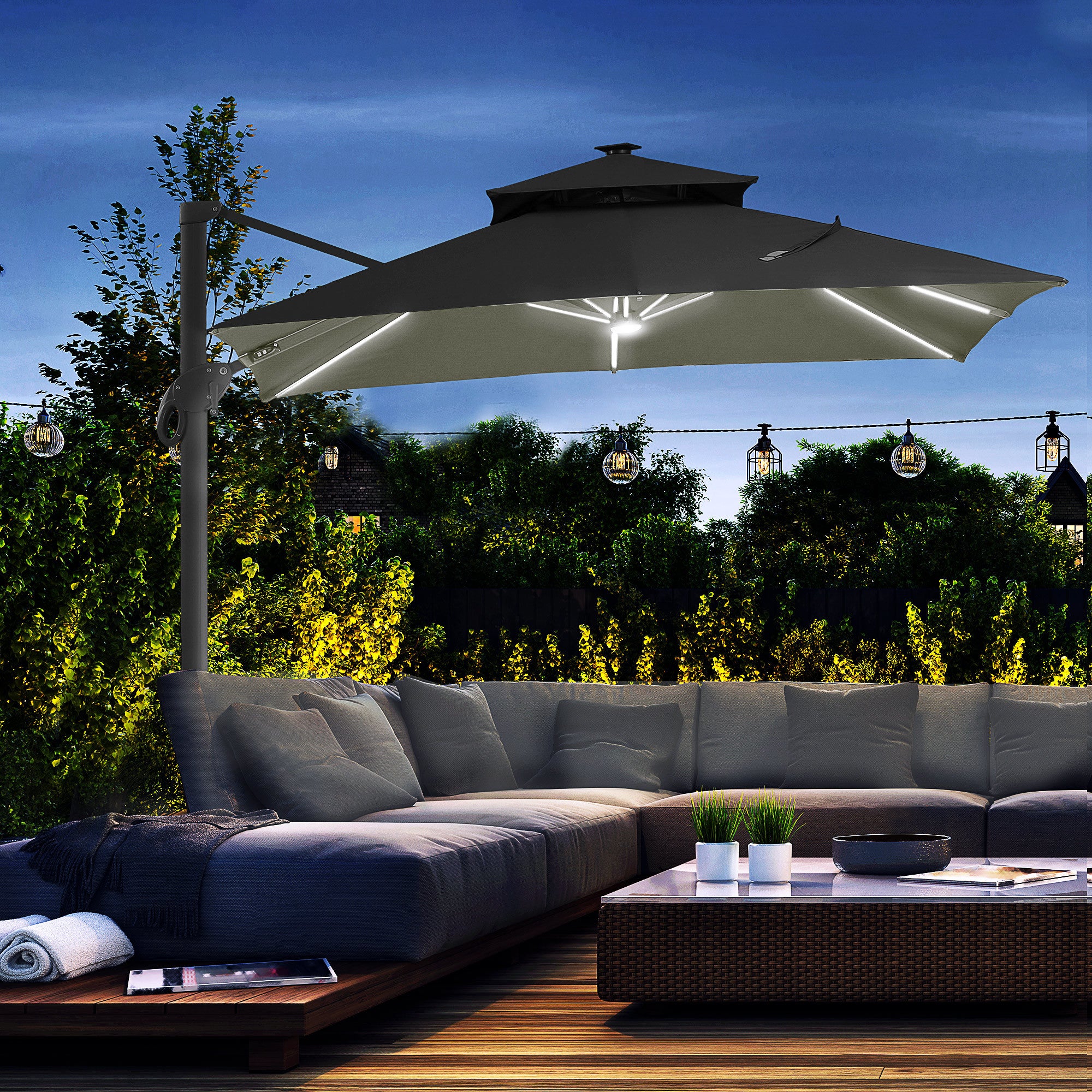 10FT Cantilever Patio Umbrella with Solar LED Lights, Double Top Square Outdoor Offset Umbrella with 360° Rotation, 4-Position Tilt, Crank & Cross Base for Garden, Deck, Pool, Dark Gray