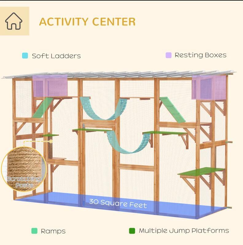 Catio Playground Cat Window Box Outside Enclosure, Wooden Outdoor Cat House with Weather Protection Roof for Multiple Kitties, Cat Shelter Kitten Playpen with Shelves & Bridges