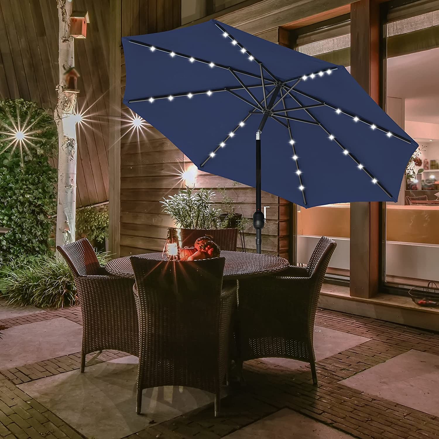 9' Solar Umbrella 32 LED Lighted Patio Umbrella Table Market Umbrella with Push Button Tilt/Crank Outdoor Umbrella for Garden, Deck, Backyard and Pool, Dark Blue