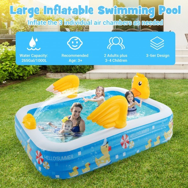 Inflatable Swimming Pool Duck Themed Kiddie Pool with Sprinkler for Age Over 3