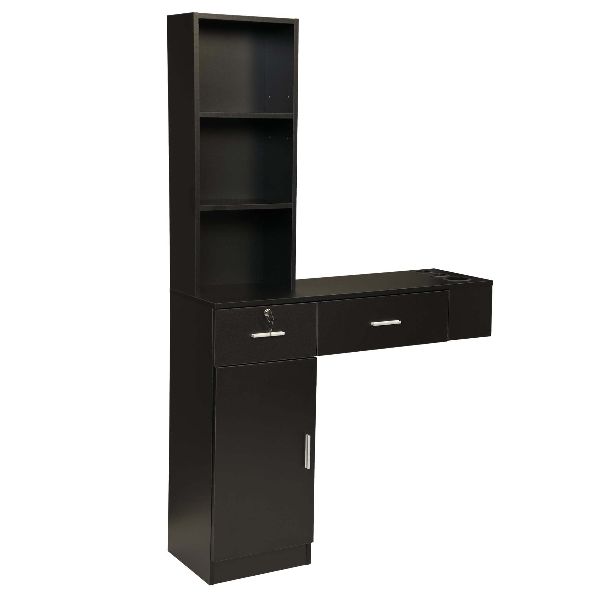 Wall Mount Hair Styling Barber Station Beauty Hair Salon Spa Equipment Set W/ 3-Tier Shelf;  Lockable Drawer;  Black XH