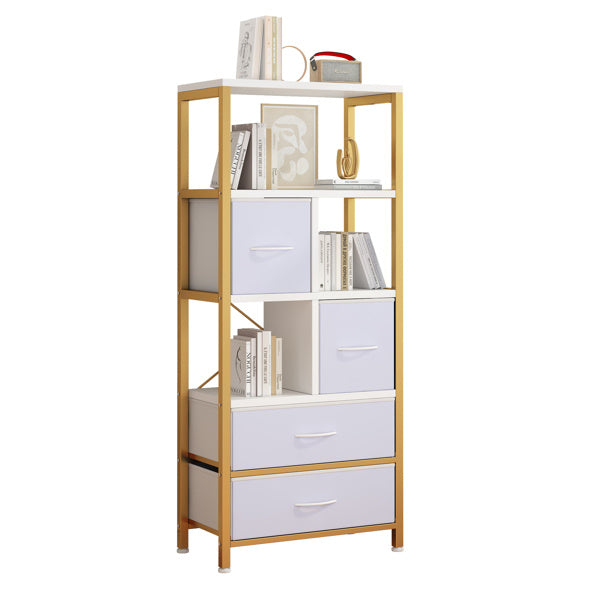 5 layers with 4 drawers bookshelf particle board iron frame non-woven fabric 60*30*147cm gold frame white plate