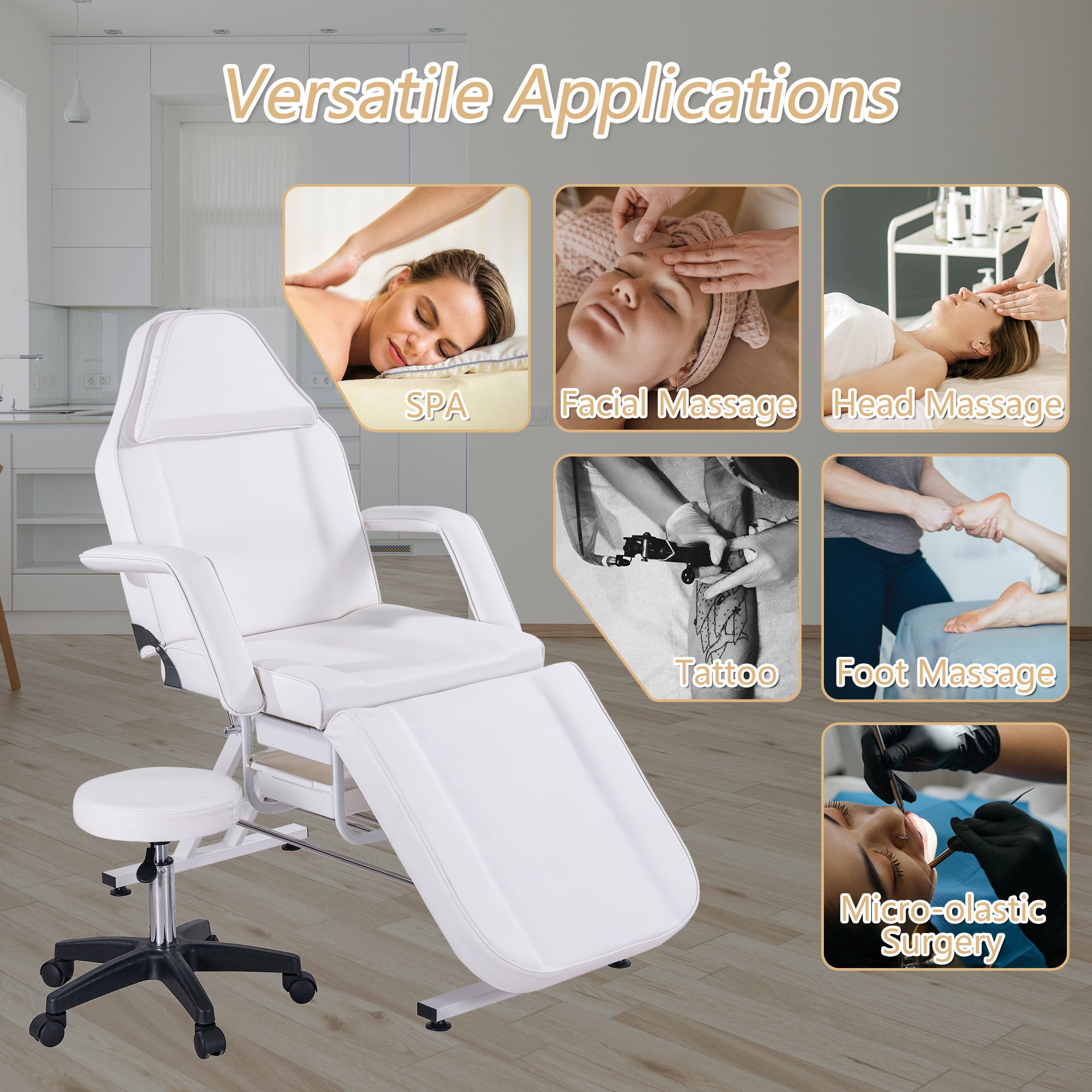 Massage Salon Tattoo Chair with Two Trays Esthetician Bed with Hydraulic Stool;  Multi-Purpose 3-Section Facial Bed Table;  Adjustable Beauty Barber Spa Beauty Equipment