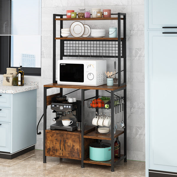 6-layer cabinet with double doors plus 10 S hooks, microwave oven rack, particleboard with triamine paste, 80*40*170cm, retro brown plate, black iron parts