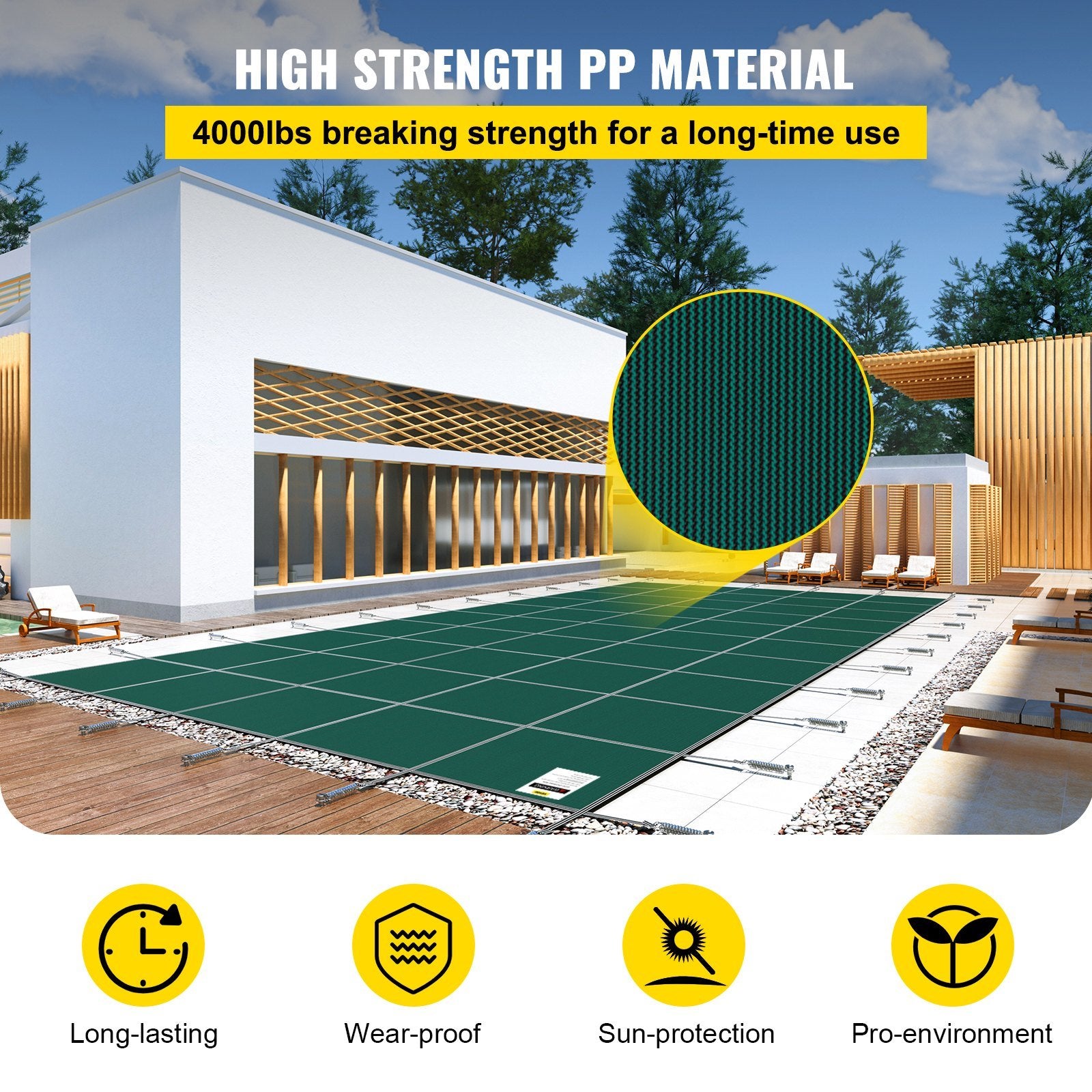 VEVOR Inground Pool Safety Cover, 20 x 42 ft Rectangular Winter Pool Cover, Triple Stitched, High Strength Mesh PP Material, Good Rain Permeability, Installation Hardware Included, Green