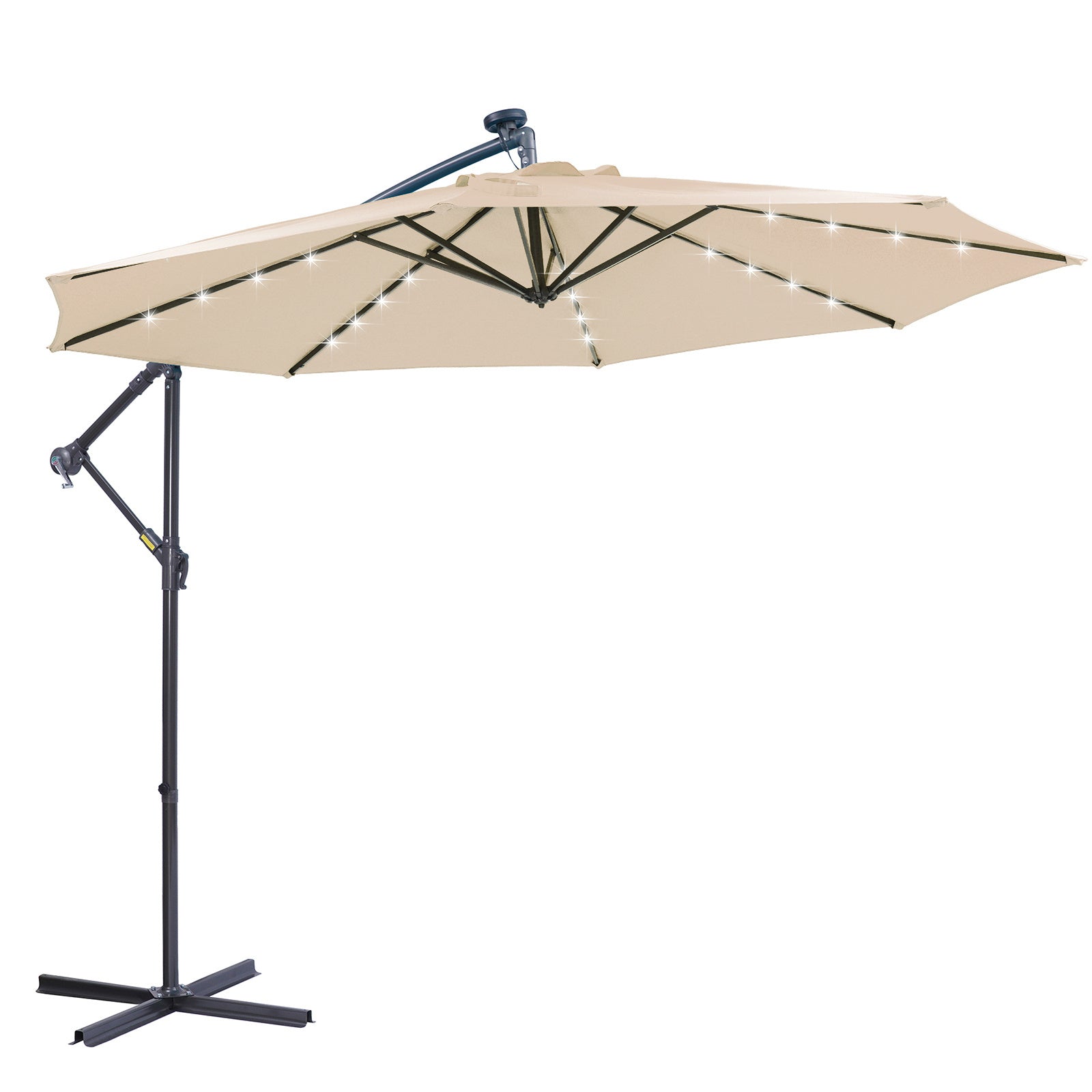 10 FT Solar LED Patio Outdoor Umbrella Hanging Cantilever Umbrella Offset Umbrella Easy Open Adustment with 24 LED Lights - tan