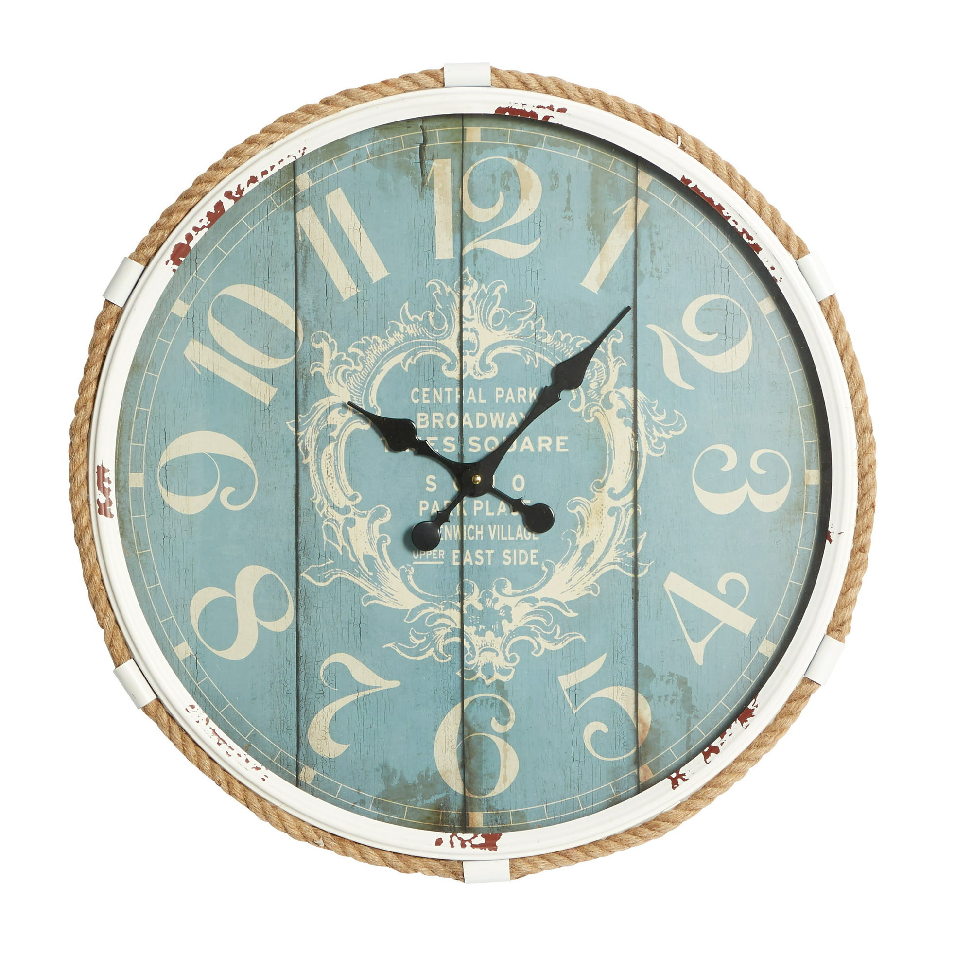 DecMode Coastal Turquoise/White Metal Round Wall Clock with Spade Shaped Clock Hands, 25