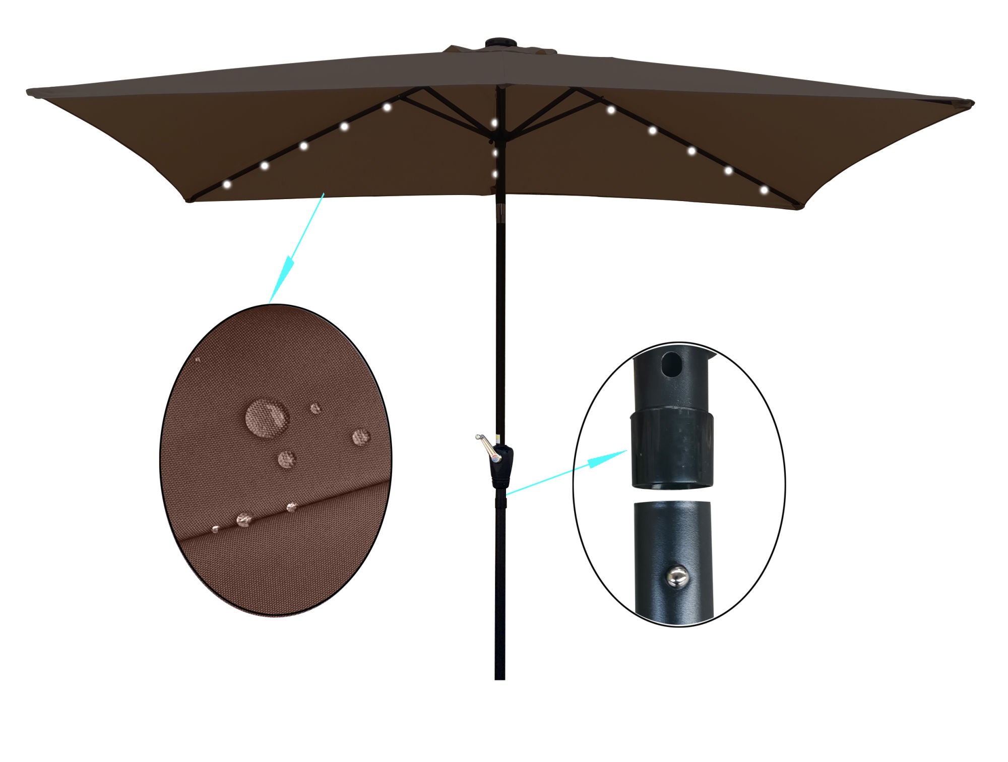 10 x 6.5t Rectangular Patio Umbrella Solar LED Lighted Outdoor Market Table Waterproof Umbrella Sunshade with Crank and Push Button Tilt for Garden Deck Backyard Swimming Pool Chocolate RT