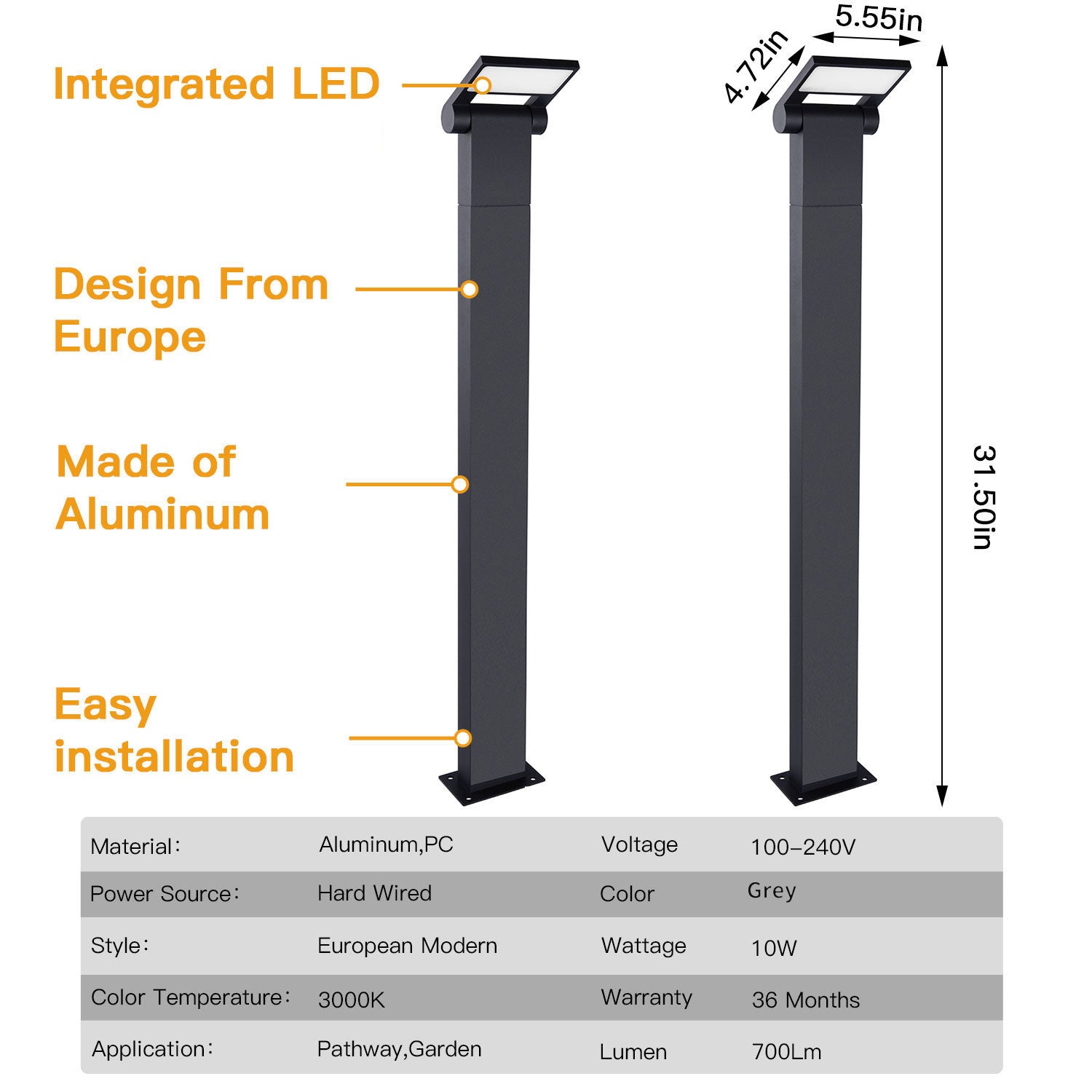 Inowel Outdoor Pathway Lights LED Bollard Light Landscape Path Light Modern Waterproof Driveway Lights 11706