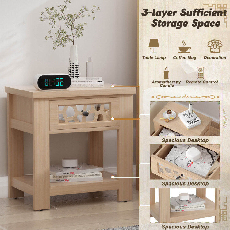 Wood Retro End Table with Mirrored Glass Drawer and Open Storage Shelf