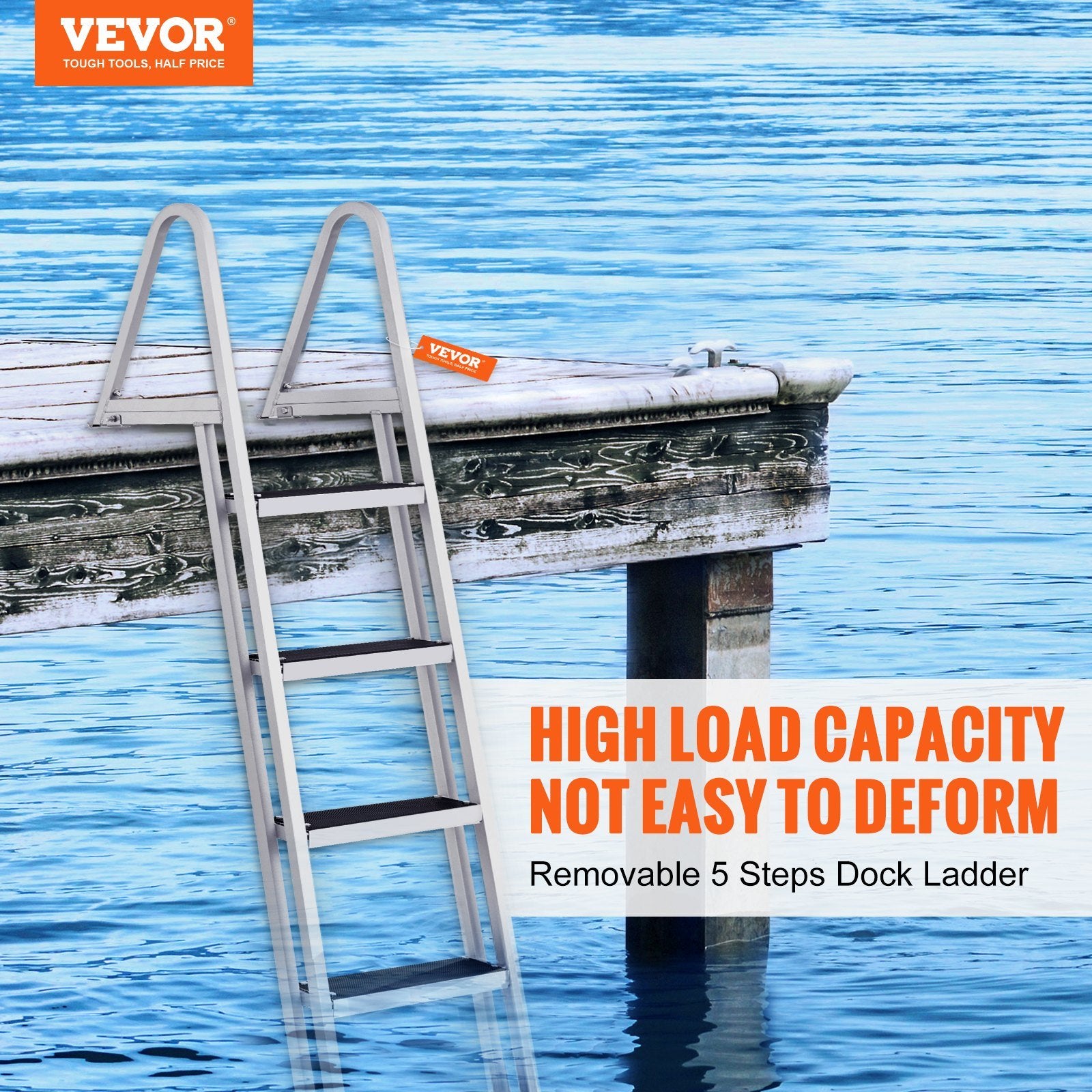 VEVOR Dock Ladder, Removable Steps, 350 lbs Load Capacity, Aluminum Alloy Pontoon Boat Ladder with 4'' Wide Step & Nonslip Rubber Mat, Easy to Install for Ship/Lake/Pool/Marine Boarding