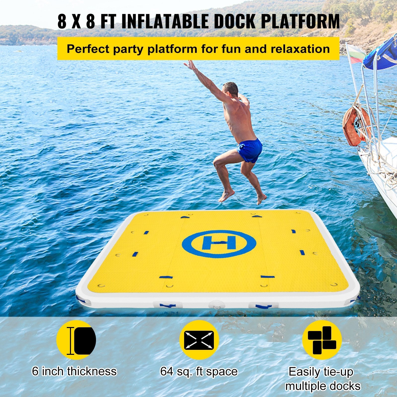 VEVOR Inflatable Dock Floating Platform, 8 x 8 ft, 3-5 Person Capacity, 6 inches Thick, Swim Dock with Hand Pump, Electric Air Pump & Storage Bag, Drop Stitch PVC Non-Slip Raft for Pool Beach Ocean