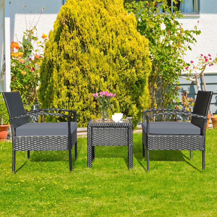 3 Pieces Outdoor Rattan Patio Conversation Set with Seat Cushions