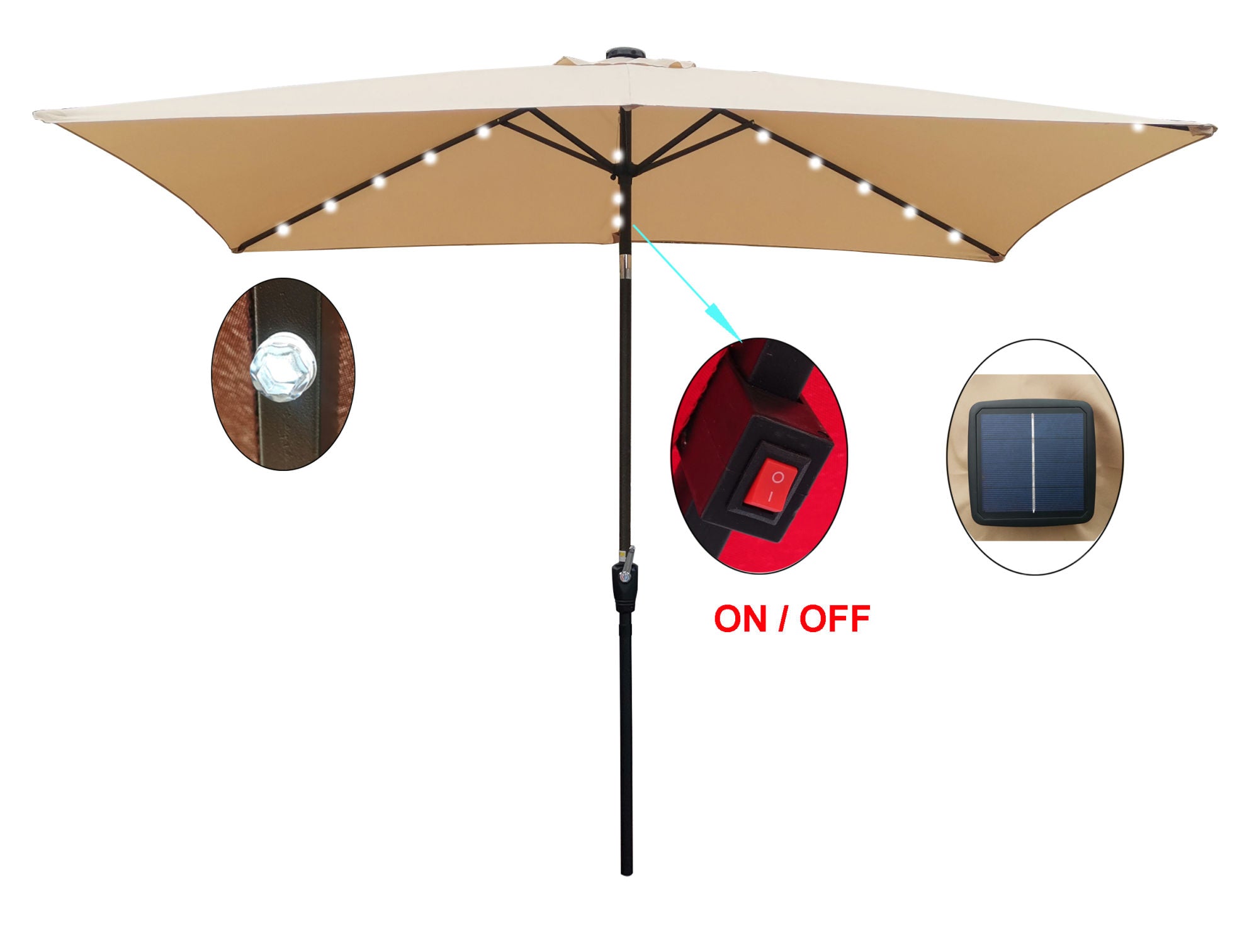 10 x 6.5t Rectangular Patio Solar LED Lighted Outdoor Market Umbrella with Crank and Push Button Tilt for Garden Shade Swimming Pool Light Brown RT