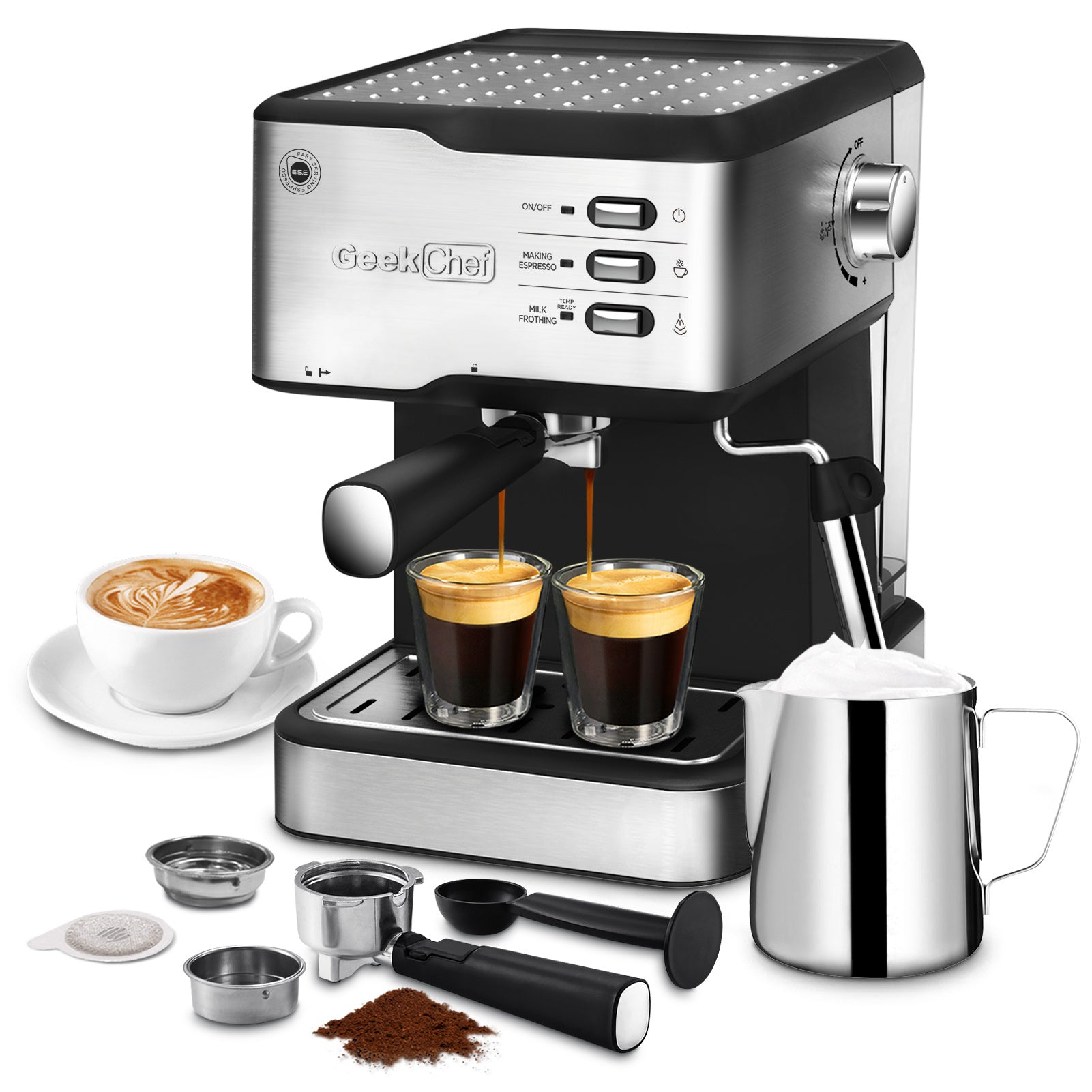 Geek Chef Espresso Machine;  Espresso and Cappuccino latte Maker 20 Bar Pump Coffee Machine Compatible with ESE POD capsules filter;  950W;  1.5L Water Tank(Banned selling Amazon)