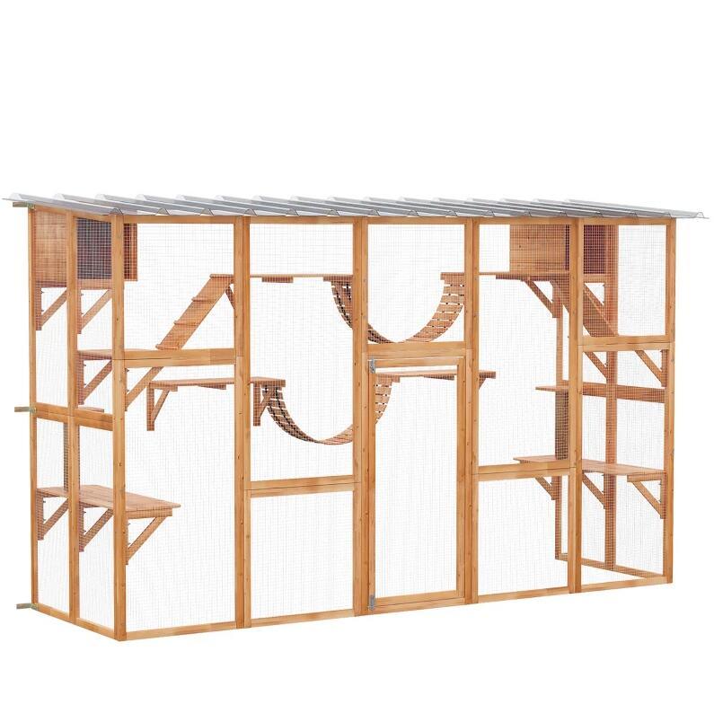 Catio Playground Cat Window Box Outside Enclosure, Wooden Outdoor Cat House with Weather Protection Roof for Multiple Kitties, Cat Shelter Kitten Playpen with Shelves & Bridges